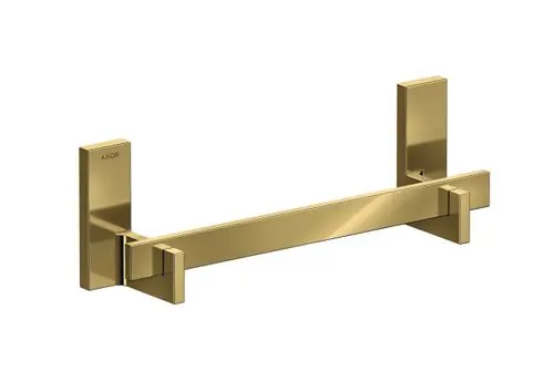 Haltestange in polierter Gold-Optik von AXOR, mit rechteckiger Form und klaren Linien, montiert an der Wand.